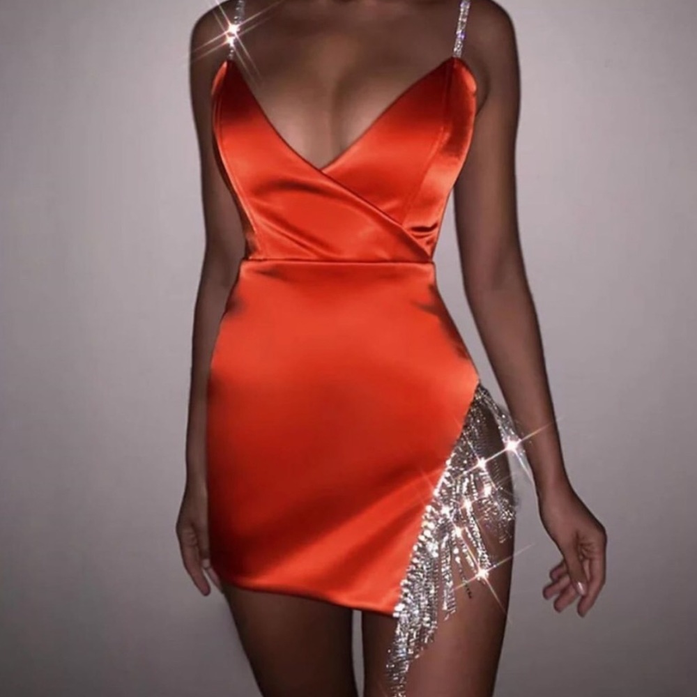 Red mini dress with Rhinestone slit
